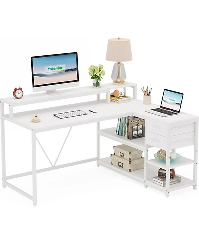 Tribesigns 55-inches Reversible L Shaped Desk with Drawer, Modern White Corner Home Office Table, Wooden and Metal Pc