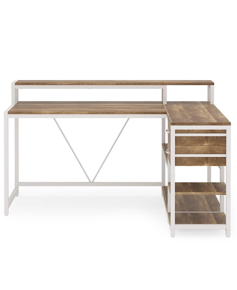 Tribesigns 55-inches Reversible L Shaped Desk with Drawer, Modern White Corner Home Office Table, Wooden and Metal Pc