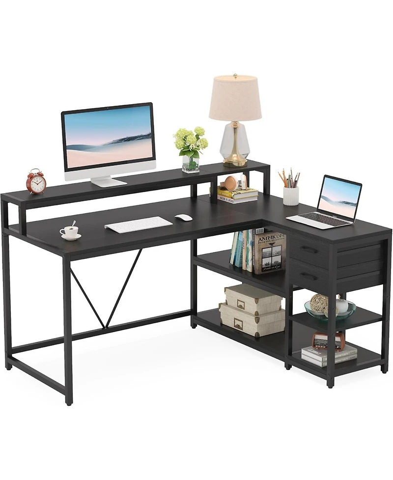 Tribesigns 55-inches Reversible L Shaped Desk with Drawer, Modern White Corner Home Office Table, Wooden and Metal Pc
