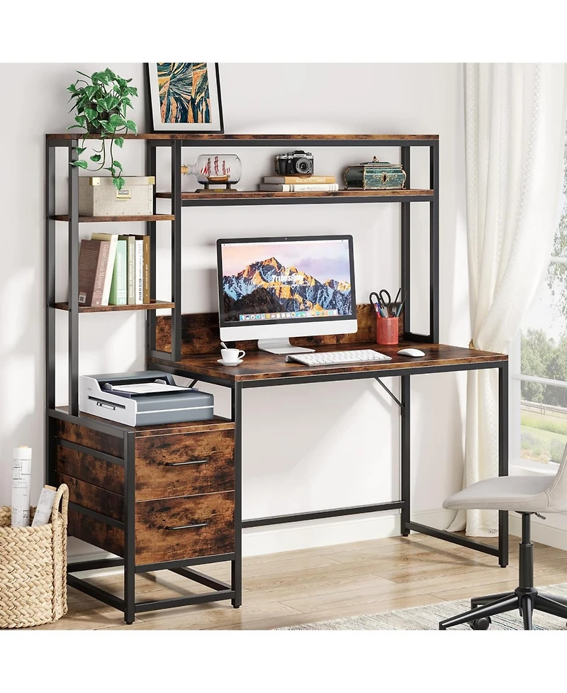 Tribesigns 55 Inch Computer Desk with 2 Drawers and Storage Shelves, Rustic Office Hutch, Study Writing Gaming Table Laptop Workstation