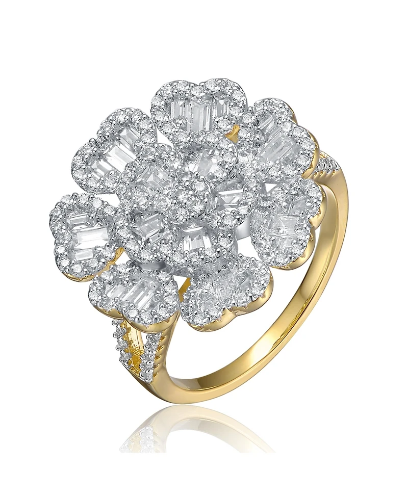 Sterling Silver 14k Gold Plated Cubic Zirconia Cluster Heart Petal Flower Ring