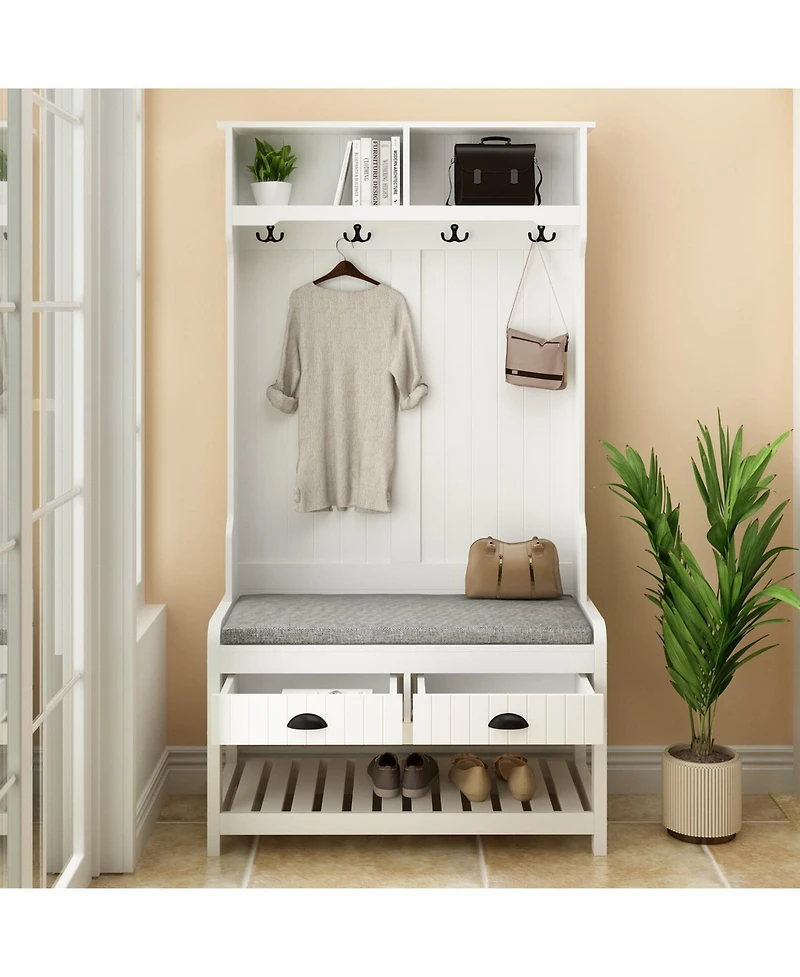 Famapy 68.5 in. White Wood 3-in-1 Hall Tree Coat Rack Storage Bench with 4-Metal Double Hooks and 2-Drawers, Shelves