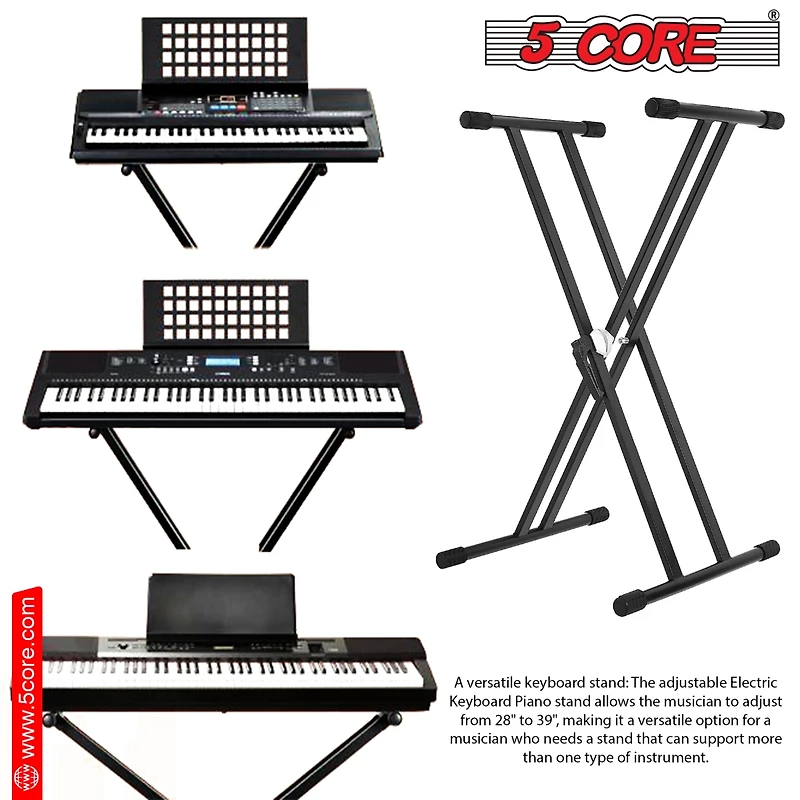 5 Core Keyboard Stand Double X Style Adjustable Piano Riser + Keyboard Piano Bench