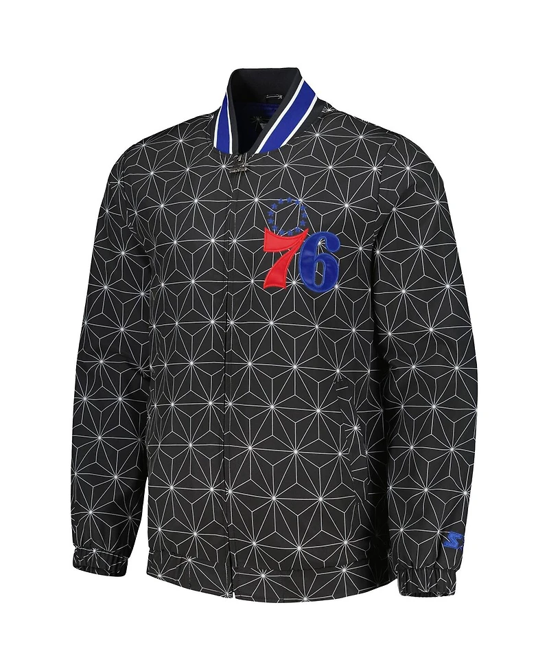 Starter Men's Black Philadelphia 76ers In-Field Play Fashion Satin Full-Zip Varsity Jacket