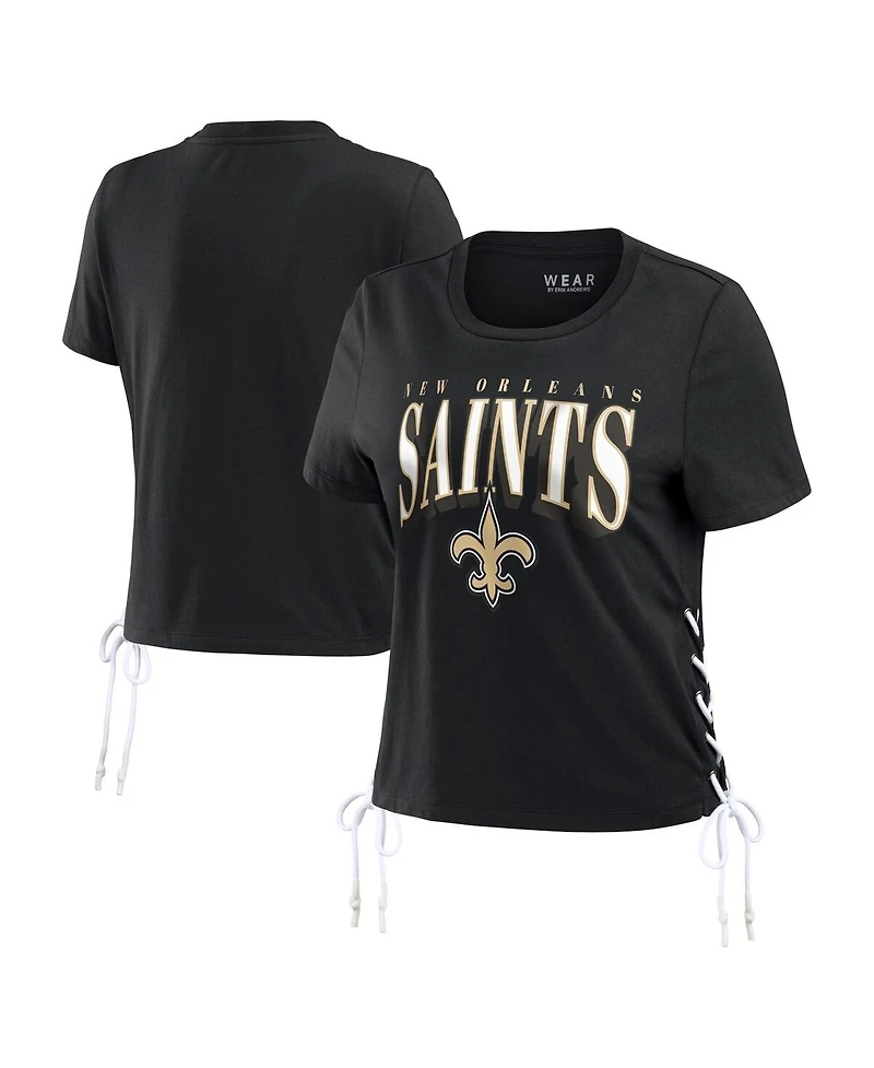 Wear by Erin Andrews Women's Black New Orleans Saints Lace Up Side Modest Cropped T-Shirt