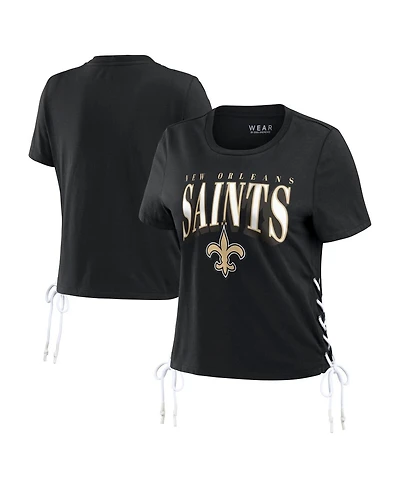 Wear by Erin Andrews Women's Black New Orleans Saints Lace Up Side Modest Cropped T-Shirt