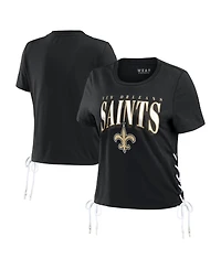Wear by Erin Andrews Women's Black New Orleans Saints Lace Up Side Modest Cropped T-Shirt