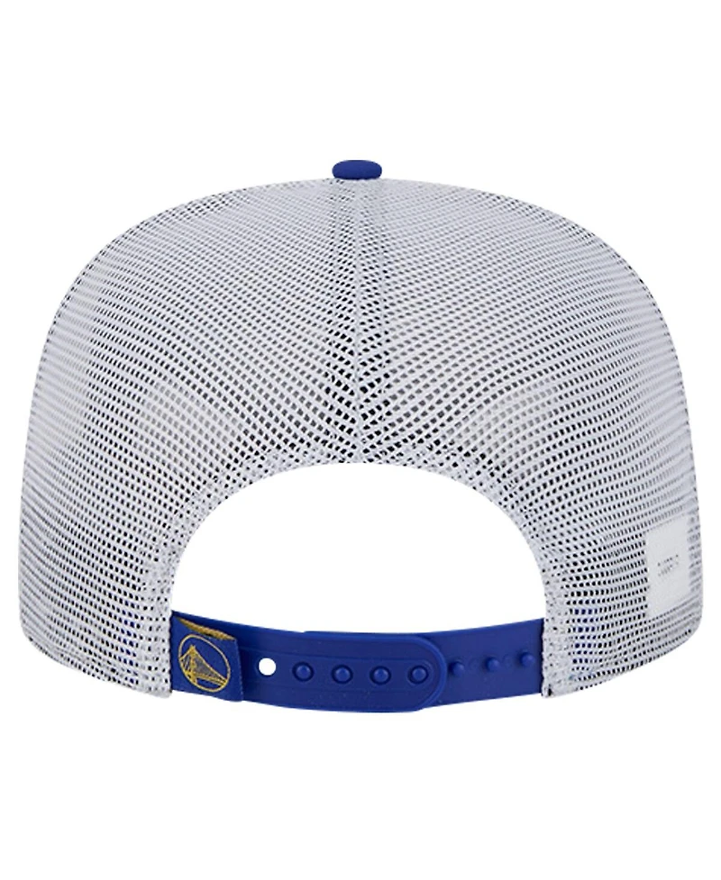 New Era Men's Royal Golden State Warriors Puff Print Team Code A-Frame 9FIFTY Trucker Snapback Hat