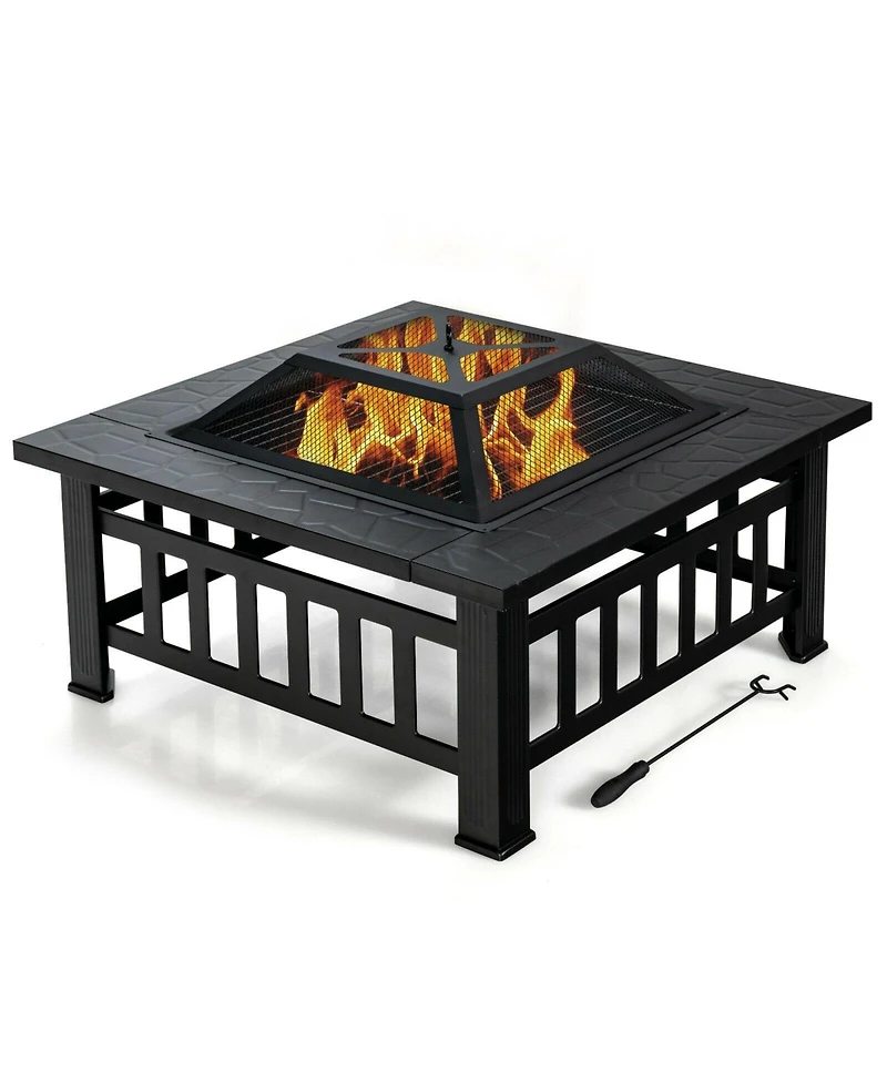 Skonyon 32 Inch 3 in 1 Outdoor Square Fire Pit Table with Bbq Grill and Rain Cover for Camping