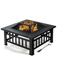 Skonyon 32 Inch 3 in 1 Outdoor Square Fire Pit Table with Bbq Grill and Rain Cover for Camping