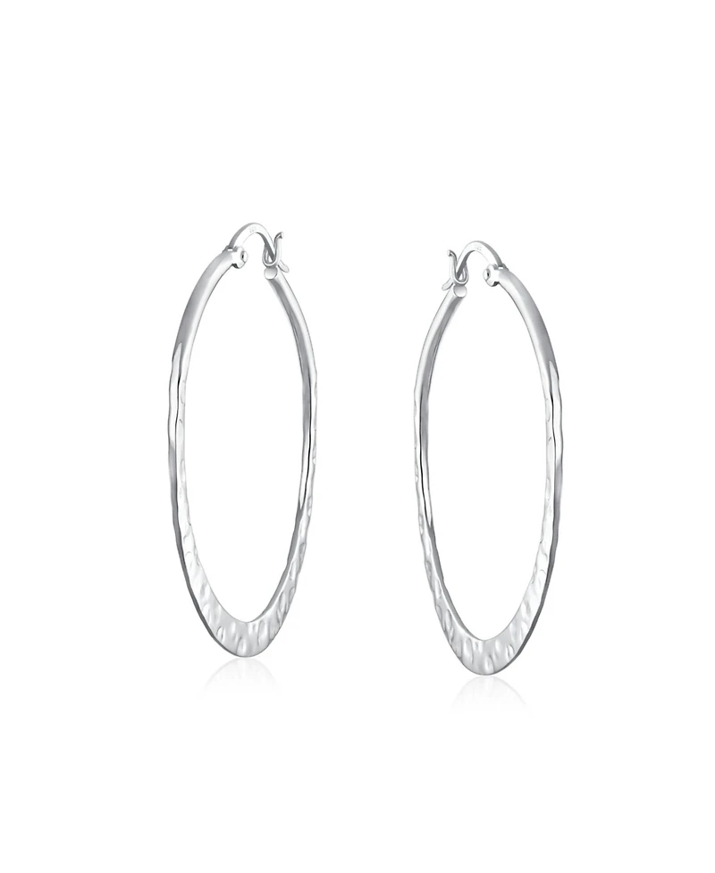 Bling Jewelry Boho Large Hammered Flat Thin Large Hoop Earrings Sterling Silver 1.5 Inch Diameter