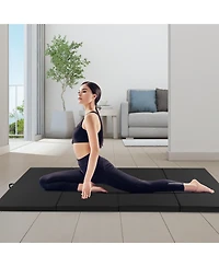 Skonyon 4-Panel Pu Leather Folding Exercise Mat with Carrying Handles-Black