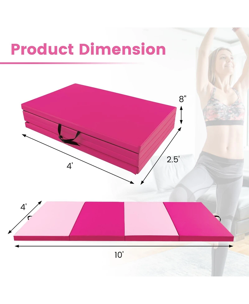 Skonyon 4-Panel Pu Leather Folding Exercise Mat with Carrying Handles-Hot Pink