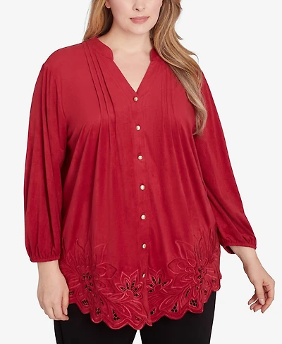 Ruby Rd. Plus Size Button Front Stretch Faux Suede Top with Cut Out Hem Detail