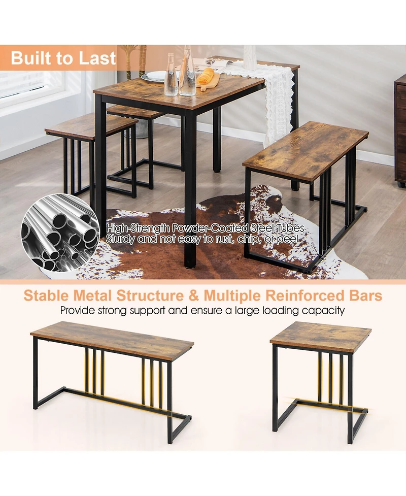 Sugift 4 Pieces Space-Saving Dining Table Set with Bench and 2 Stools