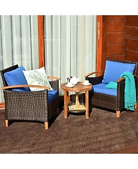Sugift 3 Pieces Patio Wicker Furniture Set with Washable Cushion and Acacia Wood Tabletop
