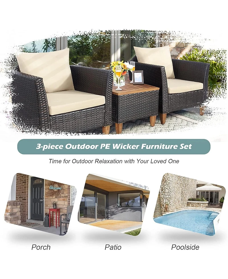 3 Pieces Patio Rattan Bistro Furniture Set with Wooden Table Top
