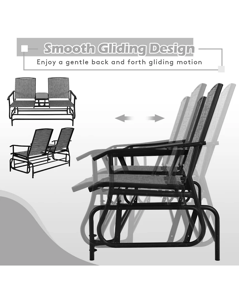 Sugift 2-Person Double Rocking Loveseat with Mesh Fabric and Center Tempered Glass Table