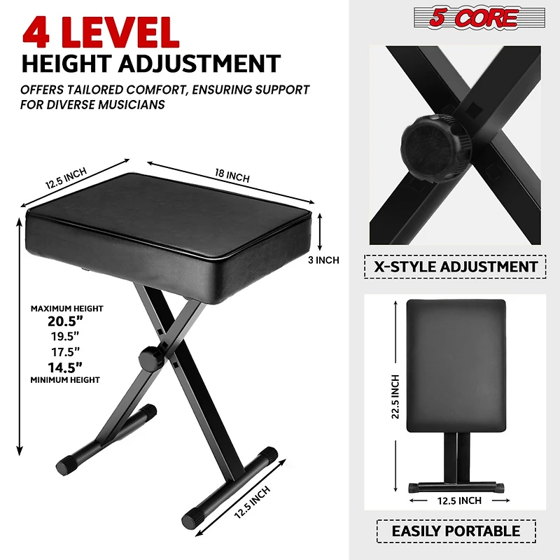 5 Core Keyboard Stand Double X Style Adjustable Piano Riser + Keyboard Piano Bench - Black