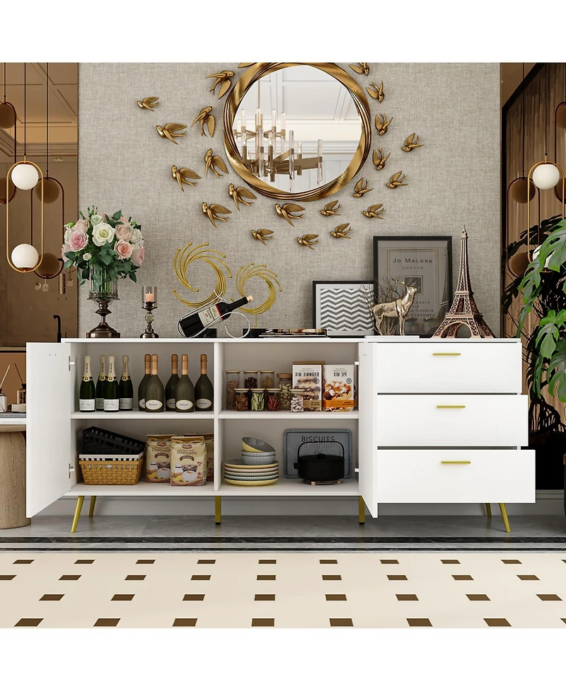Famapy White Wood Buffet Sideboard Storage Cabinet 3-Drawers 2-Cabinets Shelves