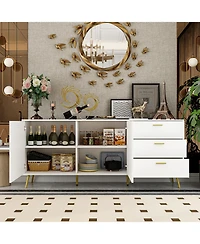 Famapy White Wood Buffet Sideboard Storage Cabinet 3-Drawers 2-Cabinets Shelves