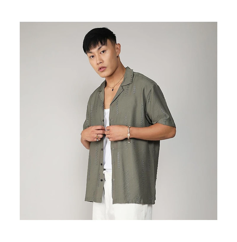 Campus Sutra Men's Olive Green Embroidered Twist Shirt