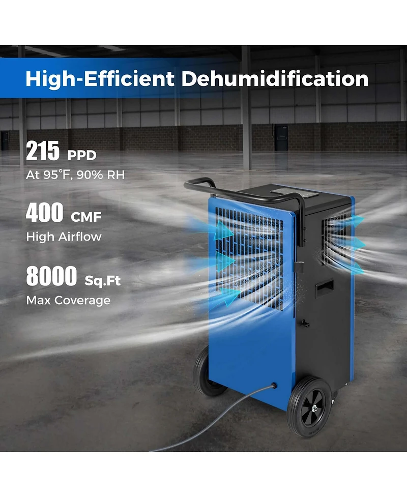 215 Pints Commercial Dehumidifier with Drain Hose 24H Timer Portable Handle