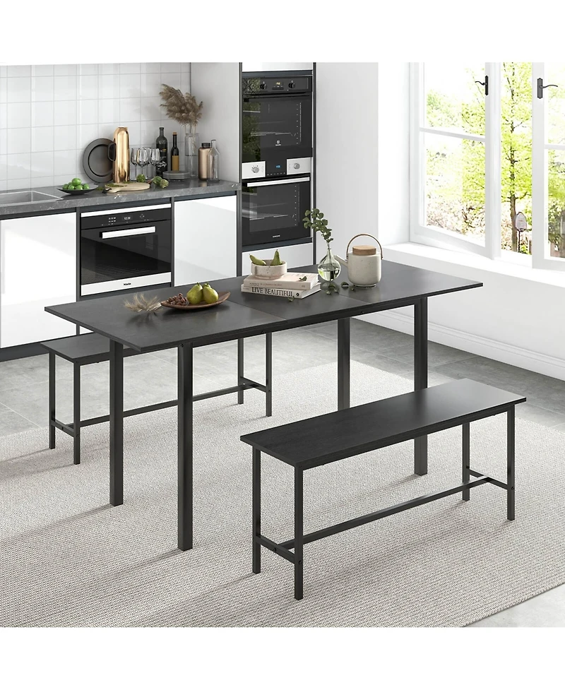3 Piece Dining Table Set for 4-6 63"Kitchen with 2 Benches Metal Frame