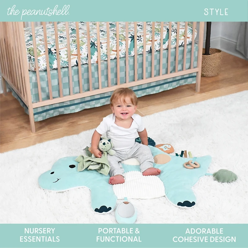 The Peanutshell Dino Tummy Time Mat and Security Blanket Crib Bedding Set, 4-Piece Set