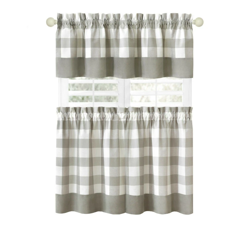 Kate Aurora Modern Country Farmhouse 3 Piece Plaid Checkered Cafe Kitchen Curtain Tier & Valance Set