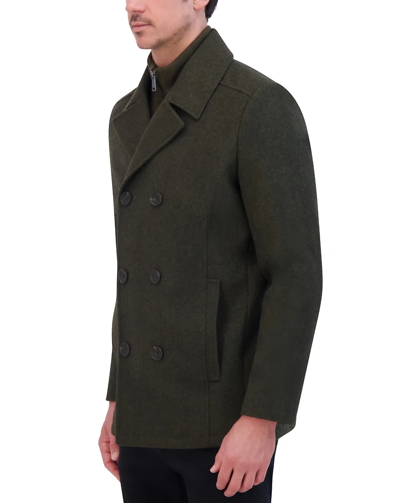Kenneth Cole Men's Double Breasted Wool Blend Peacoat with Bib