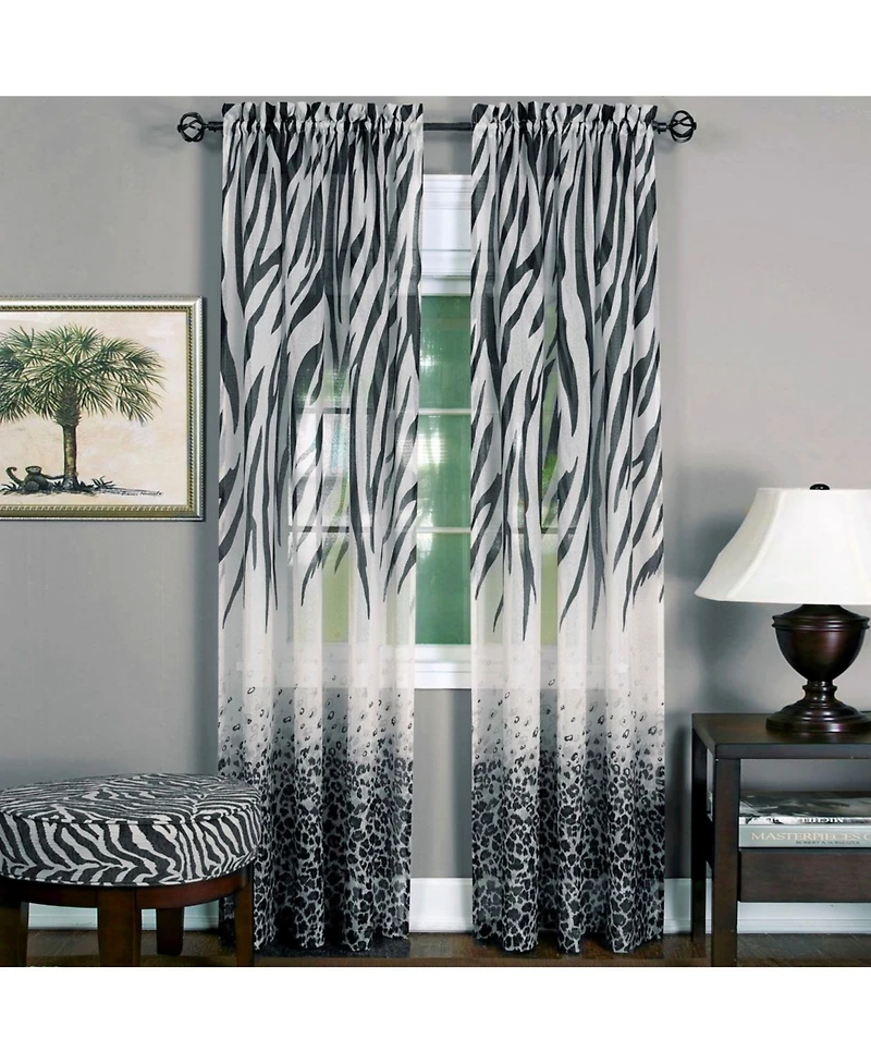 Kate Aurora 2 Piece Safari Themed Animal Print Rod Pocket Sheer Window Curtain Panels - 63 in. Long - Brown