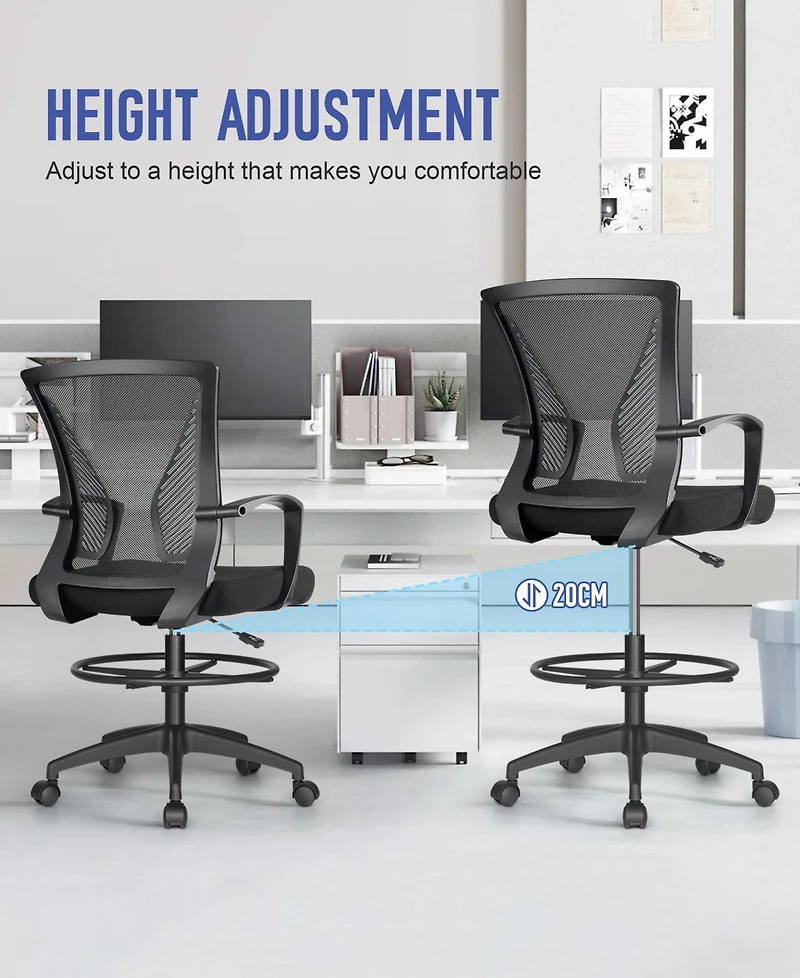 Sugift Ergonomic Drafting Chair Tall Office Chair with Foot Ring, Adjustable Height, Lumbar Support, Mesh Back