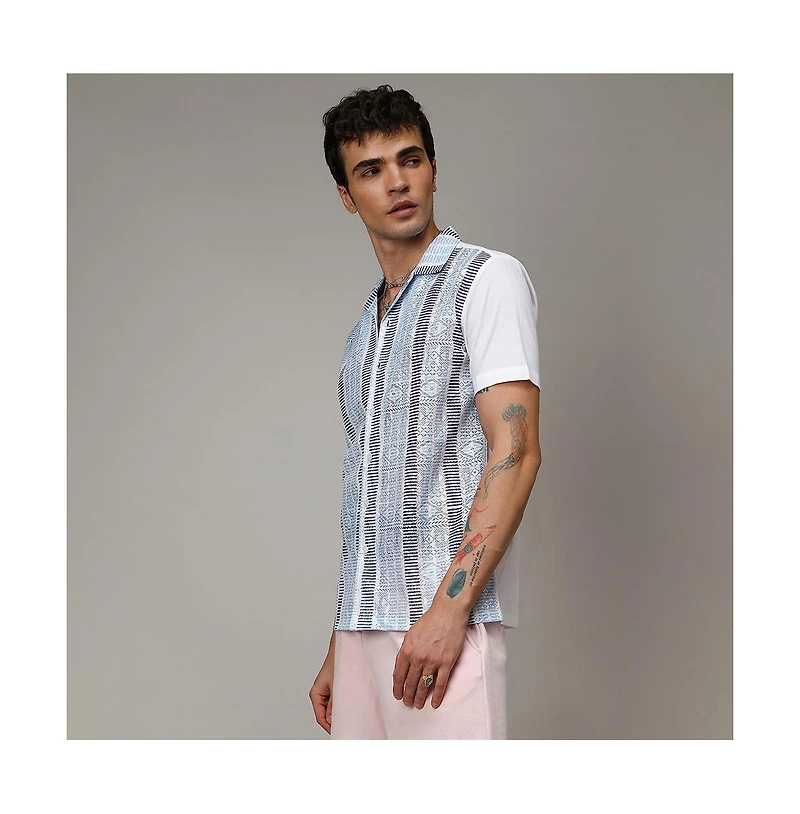 Men's Sky Blue & Midnight Black Fish Eye Ethnic Shirt