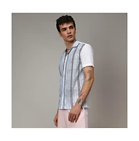 Men's Sky Blue & Midnight Black Fish Eye Ethnic Shirt