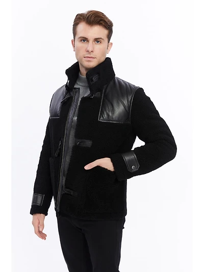 Furniq Uk Men's Leather Shearling Jacket, Black