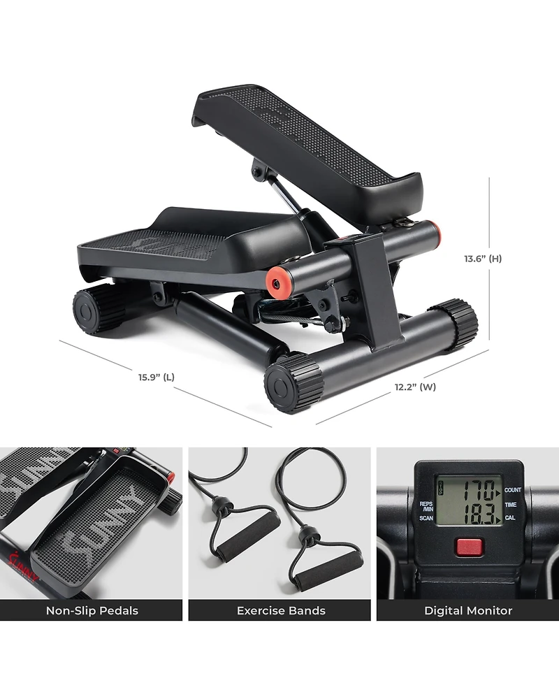 Sunny Health & Fitness Mini Stepper, Low-Impact Stair Step Cardio Equipment with Resistance Bands, Performance Digital Monitor, and SunnyFit App Bluet
