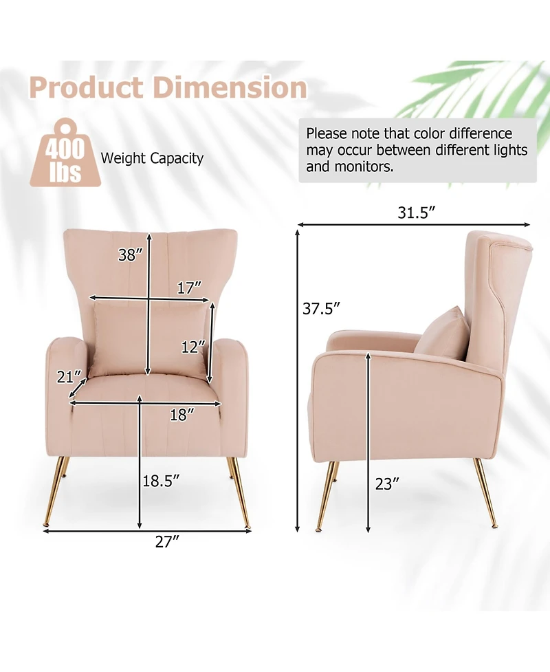 Velvet Upholstered Wingback Chair with Lumbar Pillow & Golden Metal Legs