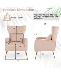 Velvet Upholstered Wingback Chair with Lumbar Pillow & Golden Metal Legs