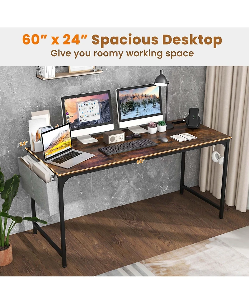 60" Modern Computer Desk with Charging Station with Storage Bag & Headphone Hook
