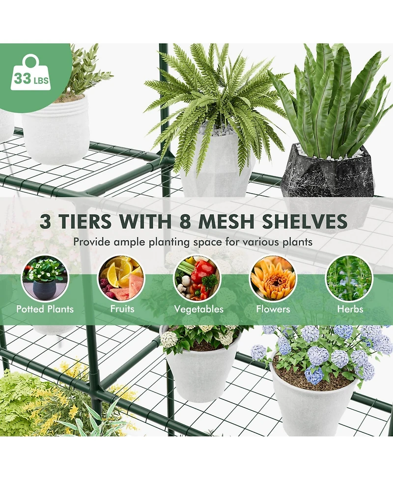 Portable Mini Greenhouse with 3 Tiers 8 Shelves Roll-up Zippered Door for Plants