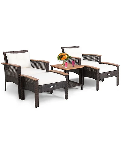 5PCS Patio Rattan Furniture Set Acacia Wood Table Armrest Cushion Yard
