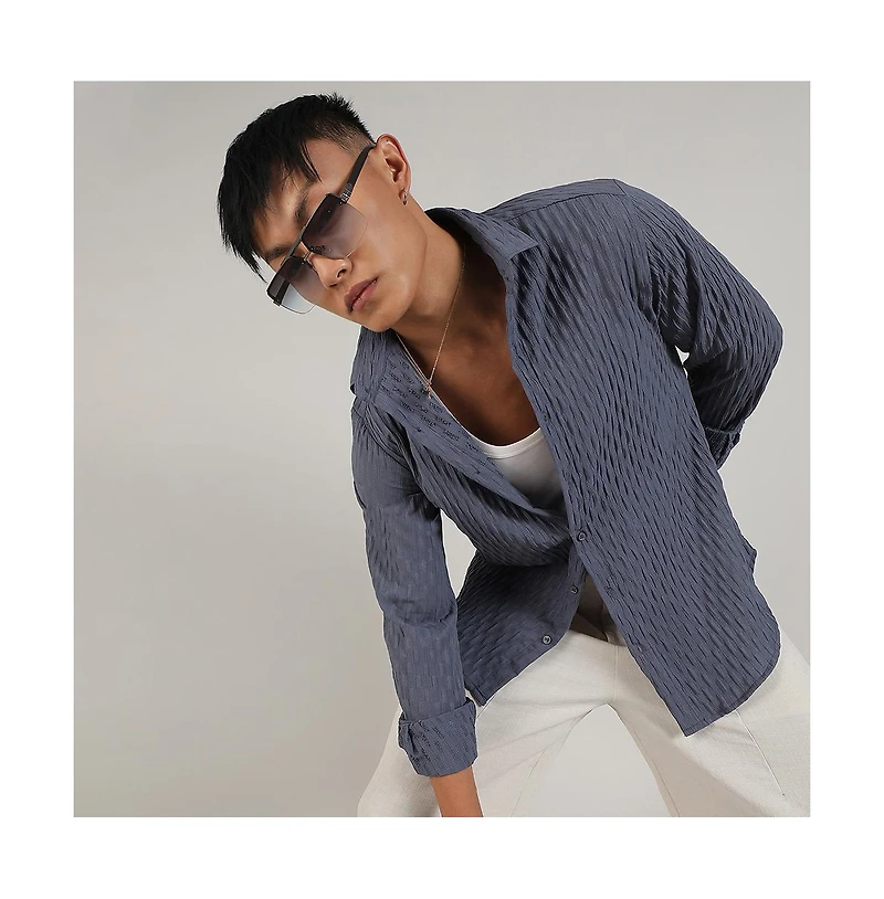 Men's Prussian Blue Crinkled-Weave Shirt