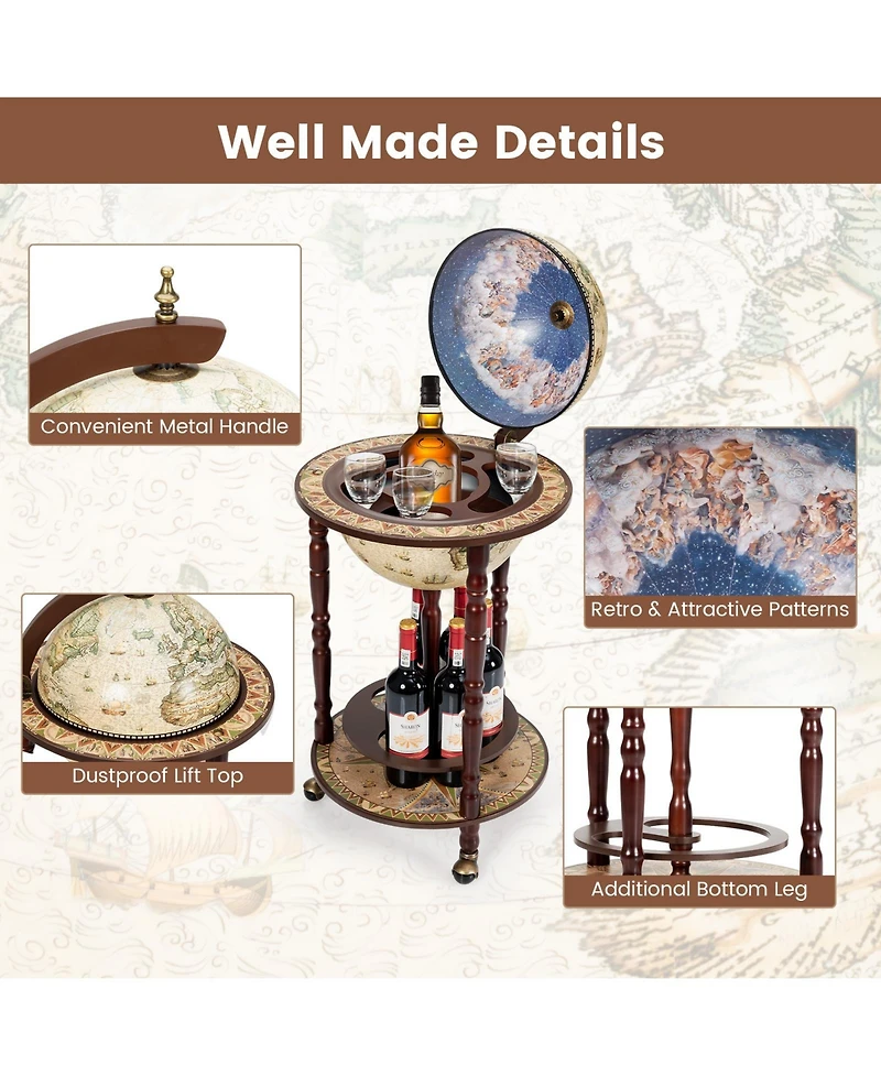 Sugift 17 Inch Italian Style Design Wooden Globe Liquor Bottle Wine Rack with Wheels