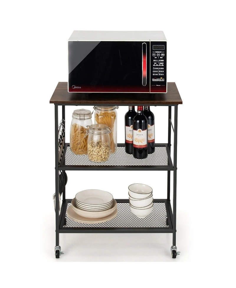 Sugift 3-Tier Kitchen Serving Cart Utility Standing Microwave Rack with Hooks