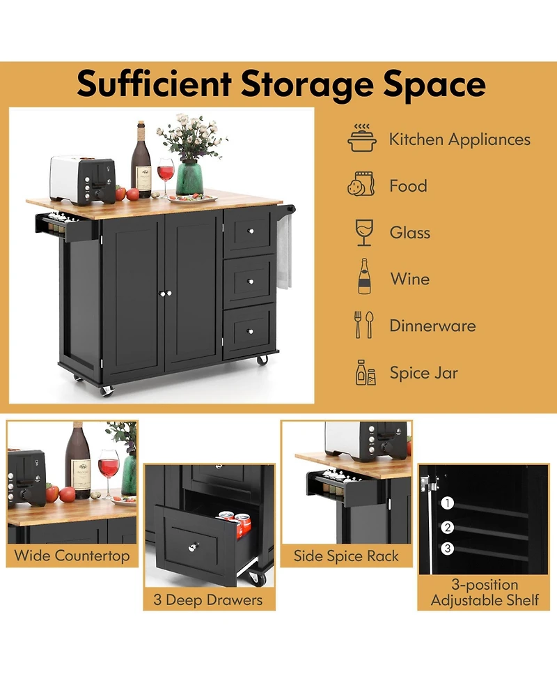 Suguift Kitchen Island Trolley Cart Wood with Drop-Leaf Tabletop and Storage Cabinet