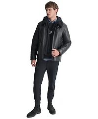 Dkny Men's Faux Leather Jacket with Removable Faux Fur Bib