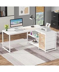 Tribesigns L Shaped Computer Desk with Storage Drawers, 59 inch Corner Desk with Shelves, Reversible L-Shaped Office Desk Study Writing Table Workstat