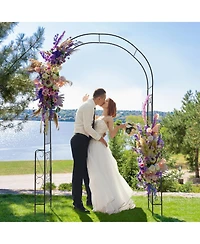 Skonyon 7.9 Feet Metal Garden Arch Backdrop Stand with Fence for Climbing Plants-Black