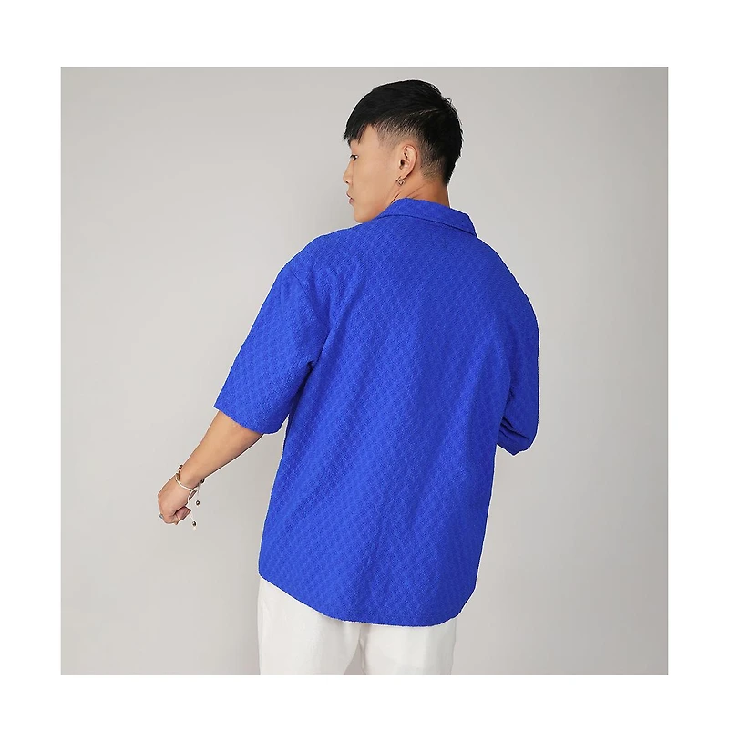 Men's Royal Blue Textured Geometric Oversized Shirt